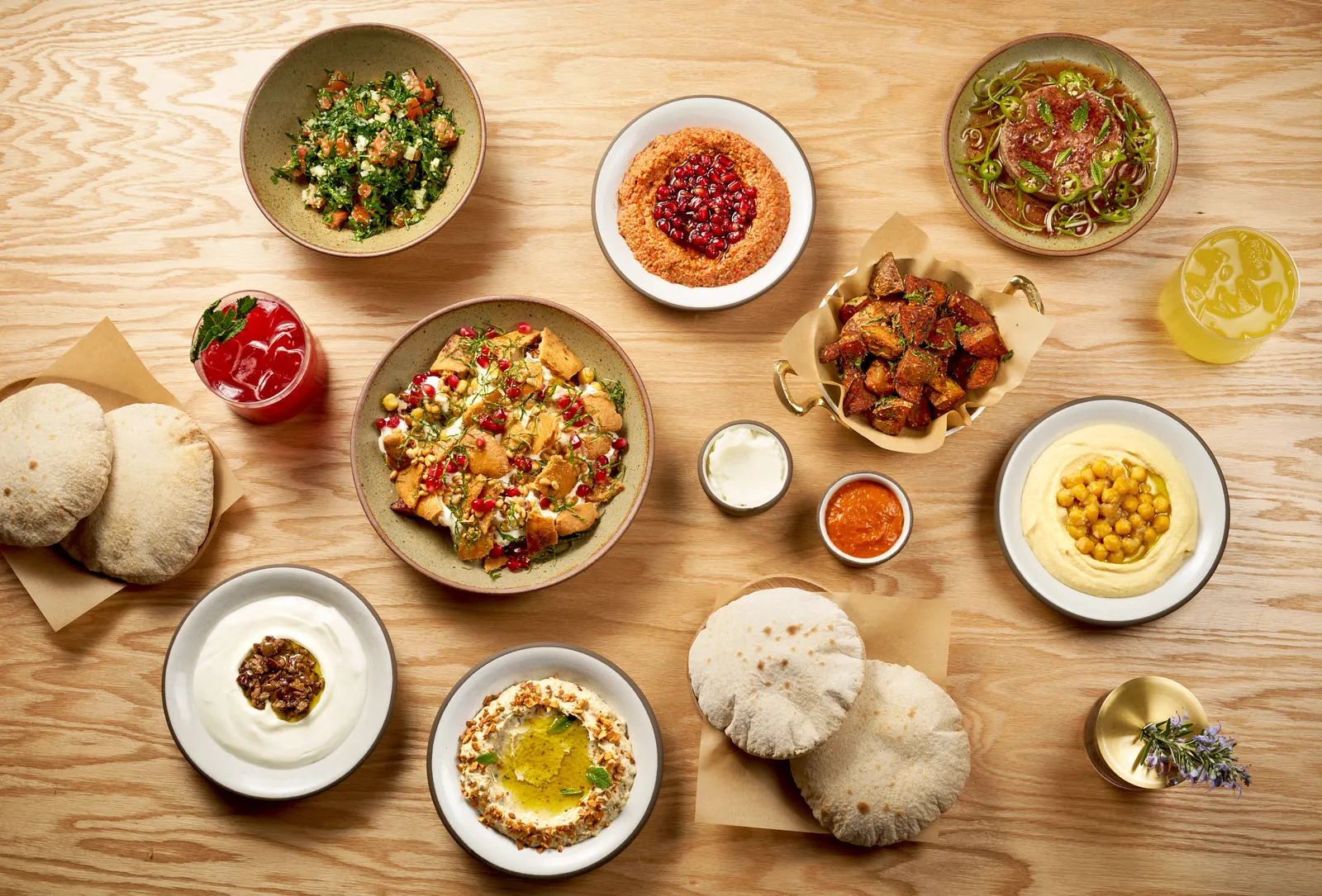 Brunch at Sawa from above: hummus, ful, labneh, pita and lemonade