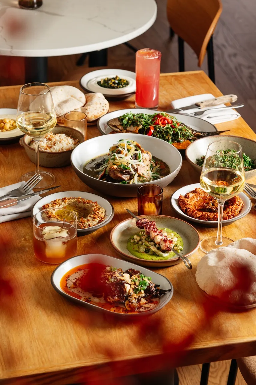 An evening table at Sawa: mezze, grilled octopus, wine and cocktails